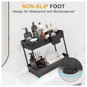 Under sink organizer with non-slip feet, ensuring stability and preventing movement on surfaces