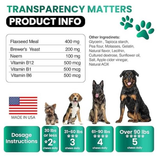 Natural chews for dogs with flaxseed, neem, and vitamins. No GMO, sugar, corn, wheat, or soy. 120 tablets