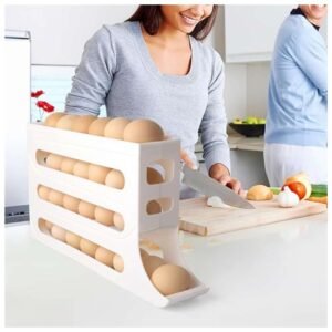 Real-Life Use View - 4-Tier Egg Holder for Fridge with Automatic Rolling and Space-Saving Design