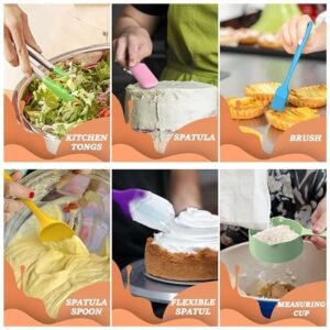 Kitchen tools with mixing bowls, whisk, spatula, and measuring spoons