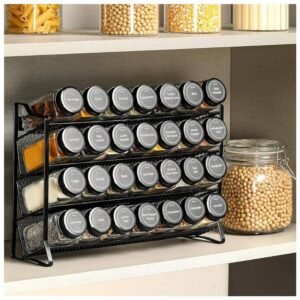 Spice rack placed in a cabinet, showcasing its space-saving tiered design