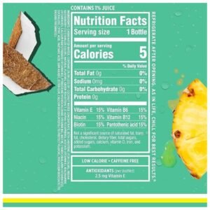 Nutritional information label highlighting vitamins, antioxidants, and low-calorie content.