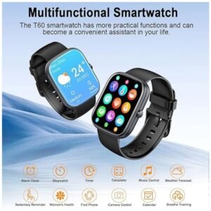 Smart Watch with multiple features displayed, including weather, music control, and notifications.