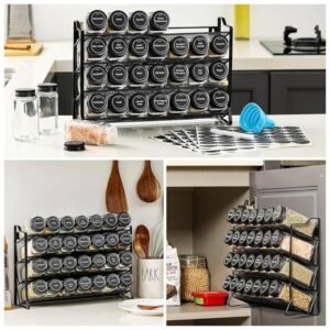 Spice rack placed in a cabinet, showcasing its space-saving tiered design.