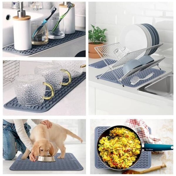 Multifunctional Silicone Dish Drying Mat used as a pet bowl mat or prep area mat
