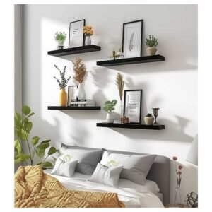 Set of 6 rustic wood floating shelves mounted on a wall, showcasing a stylish and organized home space