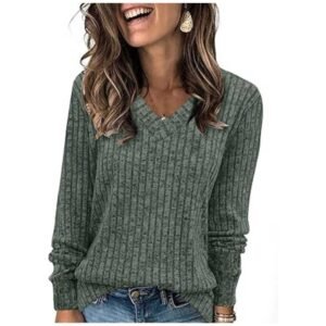 Women wearing a lightweight V-neck long sleeve tunic sweater, showcasing casual fall style