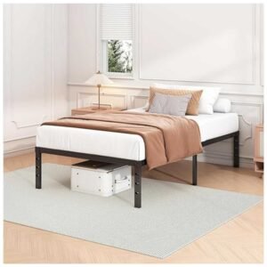 A sleek black metal bed frame with a minimalist design