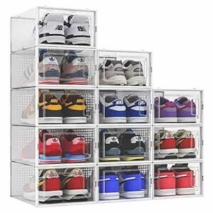 12-Pack Stackable Shoe Organizer Storage Bins, Clear Plastic, Space-Saving