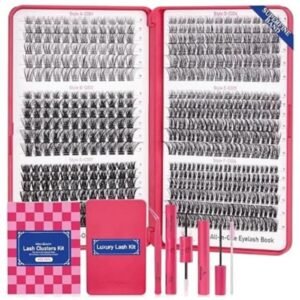 Complete Eyelash Extension Kit with 432 wispy lashes, bond and seal, and easy-to-use accessories
