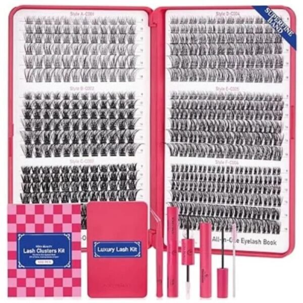 Complete Eyelash Extension Kit with 432 wispy lashes, bond and seal, and easy-to-use accessories