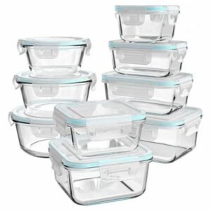 "18-piece glass food storage containers with BPA-free airtight lids, including 9 containers and 9 matching lids in various sizes