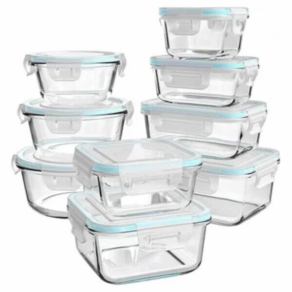 "18-piece glass food storage containers with BPA-free airtight lids, including 9 containers and 9 matching lids in various sizes
