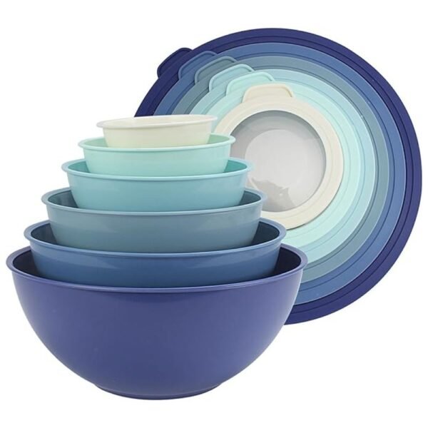 Set of 12 Mixing Bowls with TPR Lids in blue, stacked for storage