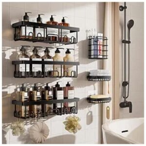 Adhesive shower caddy 6-pack with rustproof stainless steel design, including large, medium, and small organizers in black