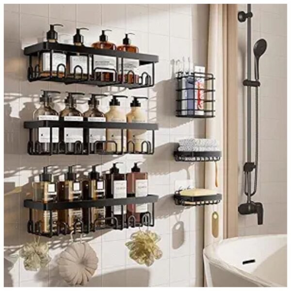 Adhesive shower caddy 6-pack with rustproof stainless steel design, including large, medium, and small organizers in black