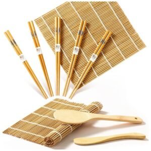 Delamu Sushi Making Kit with bamboo sushi mats, rice paddle, and chopsticks, perfect for beginners.