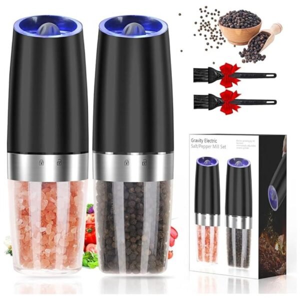 Gravity Electric Pepper and Salt Grinder Set with stainless steel and acrylic design, 2 pack