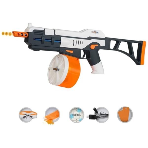 Complete SRB1200 water blaster kit including safety glasses, 6,000 gel balls, rechargeable battery, and loading funnel.