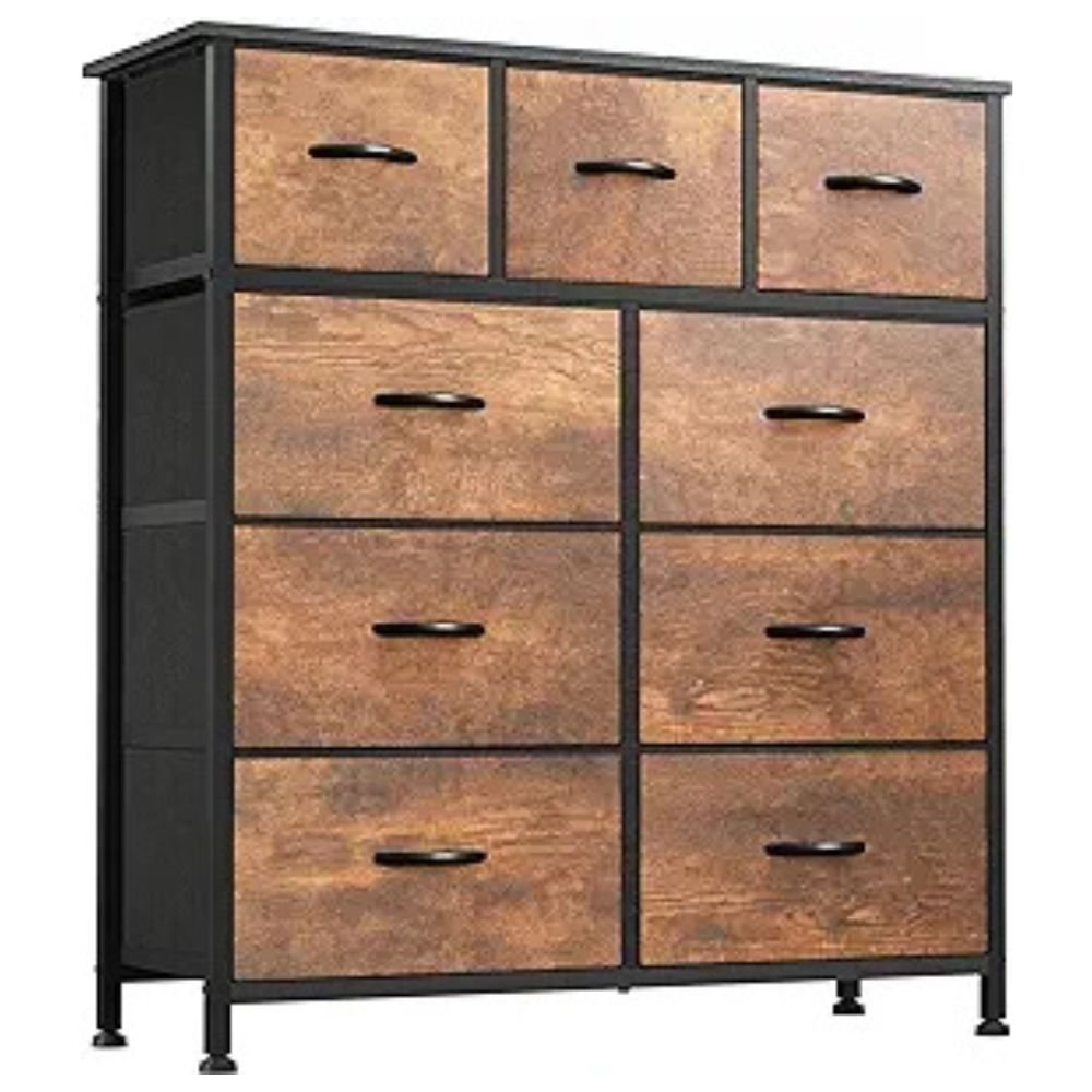 1 Dresser with 9 drawers - Fabric storage tower with a sturdy metal frame and wooden top in a bedroom setting