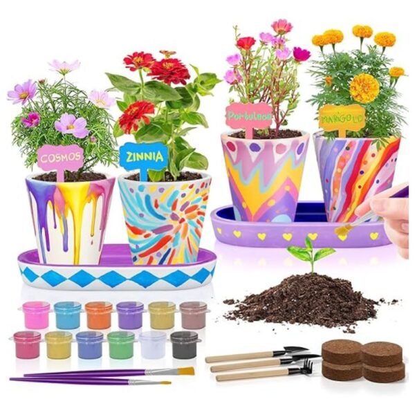Overall view of the 4 Set Paint & Plant Flower Gardening Kit, showcasing the included ceramic pots, paint, and gardening tools.