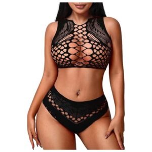 Fishnet lingerie set with crop top, panty, and stockings