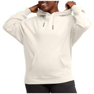 Flat lay of a women's midweight fleece pullover hoodie in soft cotton-rich fabric, showcasing its stylish design and ribbed details