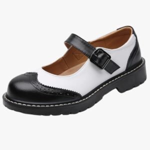 Full view of women's Mary Jane flats featuring a bright patent leather upper, adjustable hook and loop closure, and stylish design