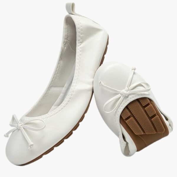 A close-up view of the women's foldable ballet flats showcasing the elegant bowknot design and soft material