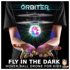 Kids controlling the 1 Pack Orbiter Flying Orb Ball drone indoors with hands.