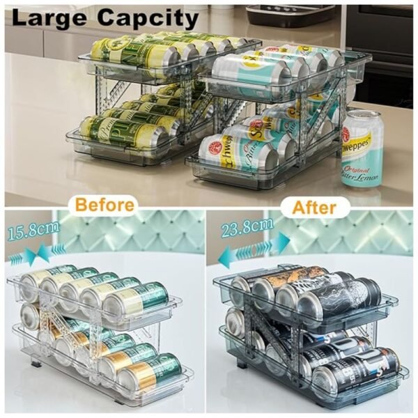 Large capacity soda can dispenser holds 9-11 cans for efficient storage