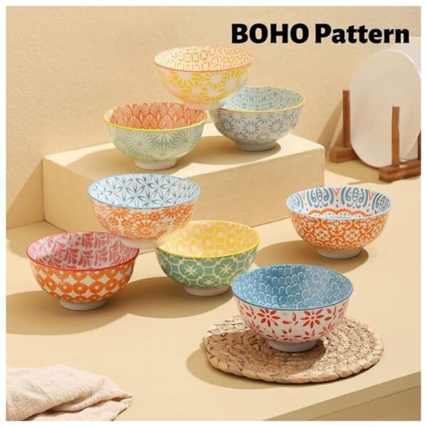 Close-up of 10 oz ceramic bowls with a modern faded paint design, ideal for desserts, salsa, and snacks.