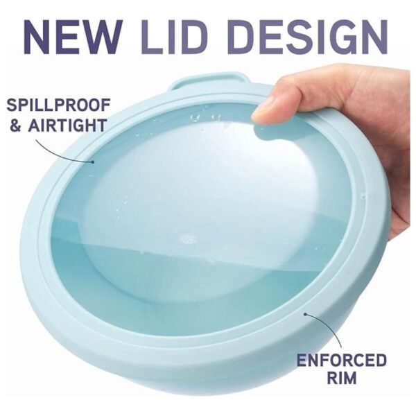 Close-up of plastic mixing bowls with tight-fitting TPR lids for food storage.