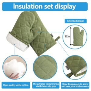 High heat-resistant oven mitts protecting hands while holding a hot baking tray