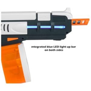 Features blue LED light-up bars on both sides for a sleek, illuminated design.