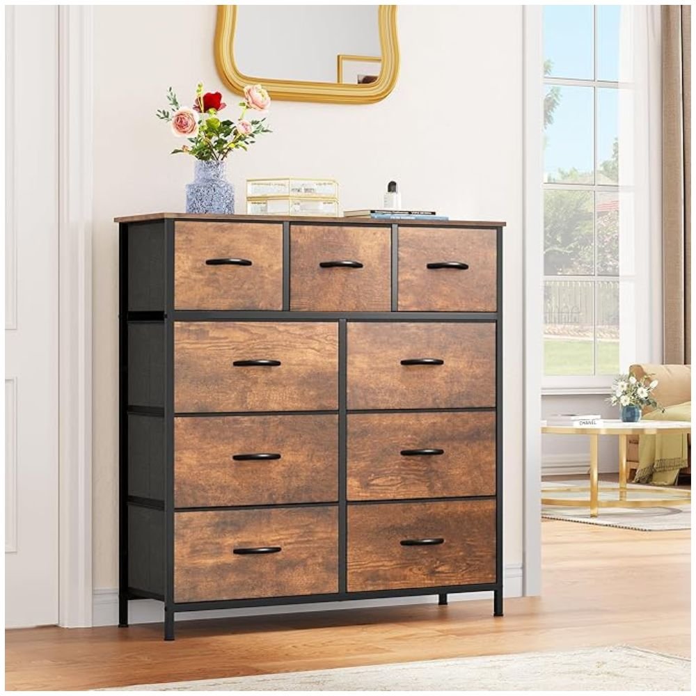 2 Large wooden top of the fabric dresser showcasing lamps, photos, and decor items