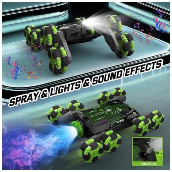 RC stunt car with vibrant LED lights, spray effects, and cool background music.