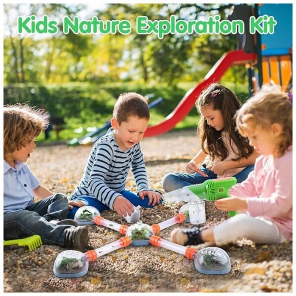 Children's nature exploration kit with a bug vacuum, observation cup, and critter habitat for outdoor adventures and learning.