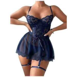 Floral lace babydoll nightdress with slim fit design, featuring delicate lace details and a thong chemise