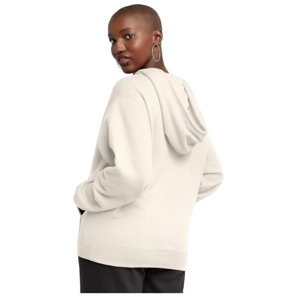 Back view of a women's fleece hoodie, highlighting the relaxed fit, ribbed hem, and hooded design for added comfort and style