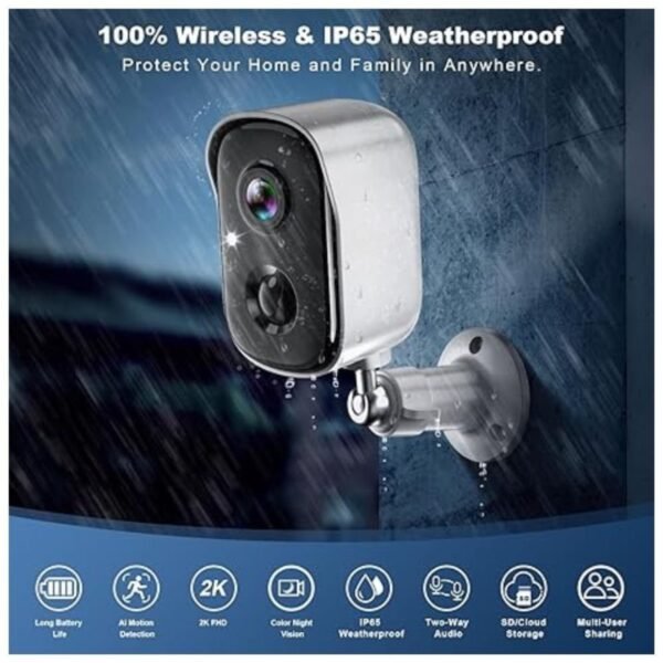Weatherproof 100% wire-free outdoor security camera with rechargeable battery.