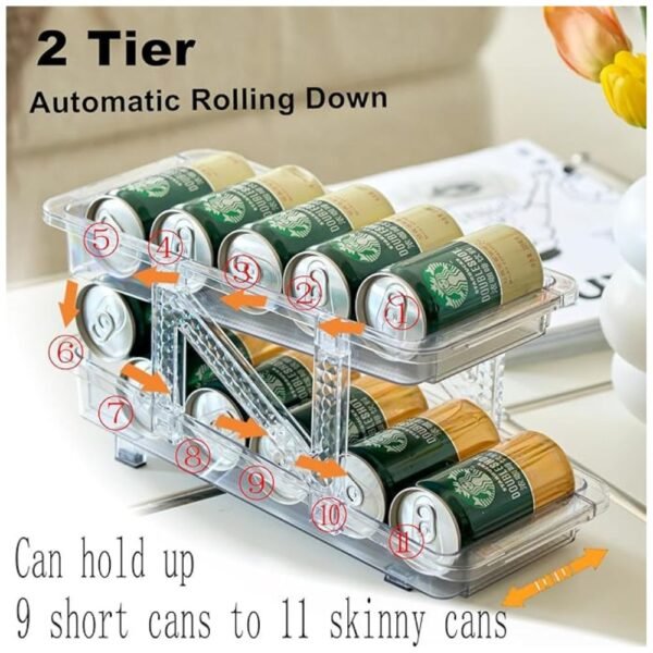 2-tier automatic rolling design for 9 short cans or 11 slim cans.