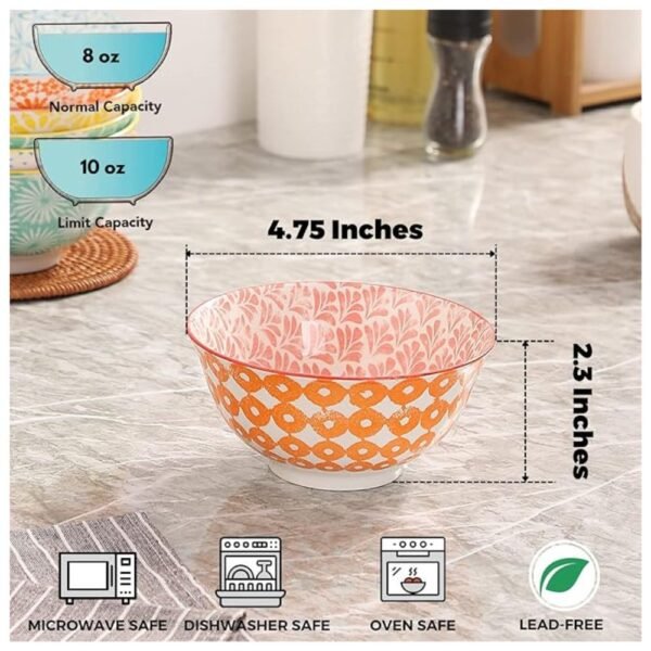 Each ceramic bowl measures 4.75 inches in diameter and 2.3 inches in height, with a 10 oz capacity.