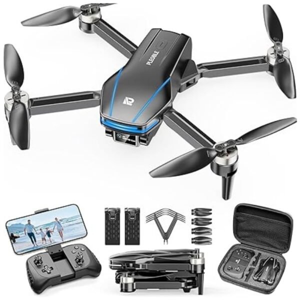 A sleek, foldable 4K camera drone with propeller guards, resting on a tabletop, showcasing its compact design and portability.