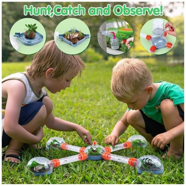 Kids using the bug vacuum to hunt and catch insects, followed by observing them in the included habitat terrarium