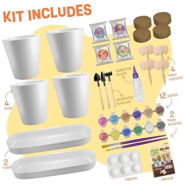 Image showing all the components of the 4 Set Paint & Plant Flower Gardening Kit, including pots, paints, plant markers, and gardening tools.