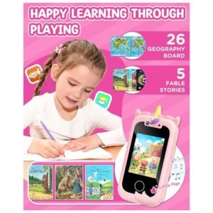 Screen view of the Kids Smart Phone Girls Toy displaying the 26 graphic board options and 5 built-in fable stories for kids to enjoy