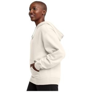 Side view of a women's midweight hoodie, showing the dropped shoulder design and casual fit ideal for easy movement.