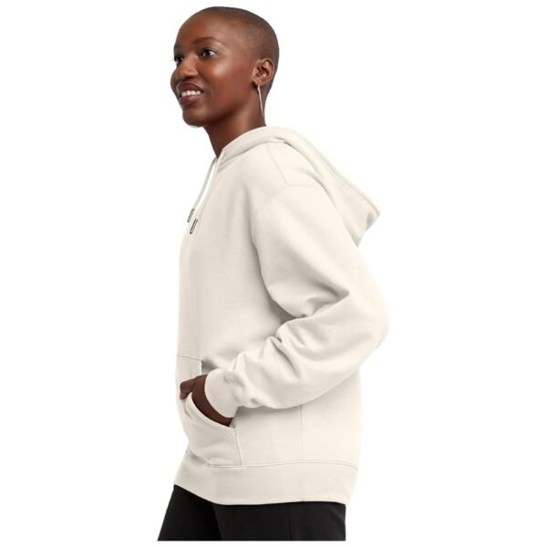 Side view of a women's midweight hoodie, showing the dropped shoulder design and casual fit ideal for easy movement.