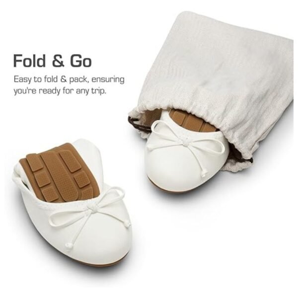The ballet flats folded and packed in a compact pouch, illustrating their portability and convenience for travel.